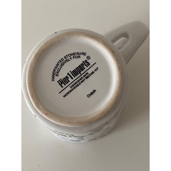 Pier 1 Imports Handpainted Stoneware Cup Mug White Blue Embossed Floral - Picture 8 of 9